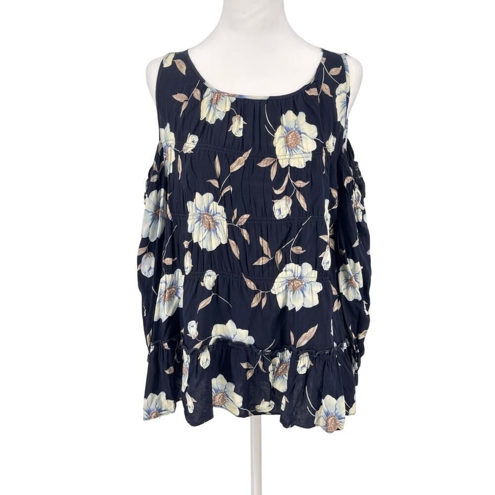 Entro Black Floral Cold Shoulder Peplum Blouse Women’s Size S – Boho Summer Top